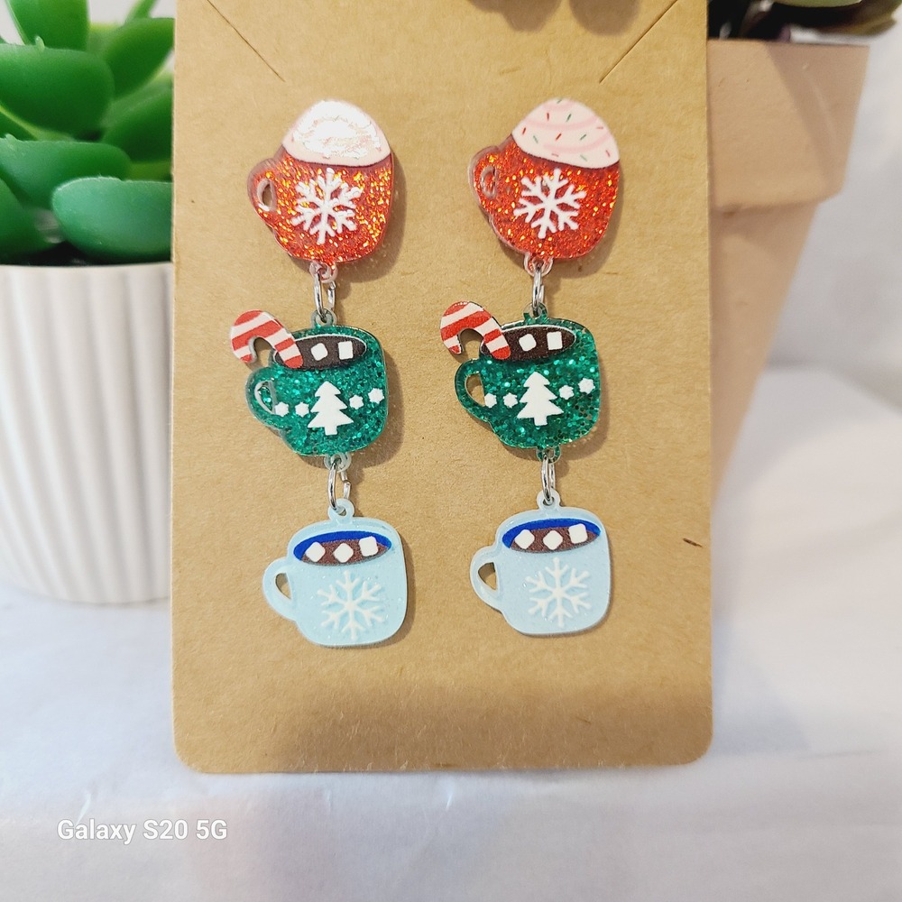 Christmas Hot Cocoa Mug Dangle Earrings Festive Holiday Winter‎ Fun NEW